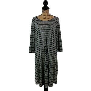 Faded Glory Womens sz L Knit Dress Gray Black Stripe Tie Waist Long Sleeve Midi